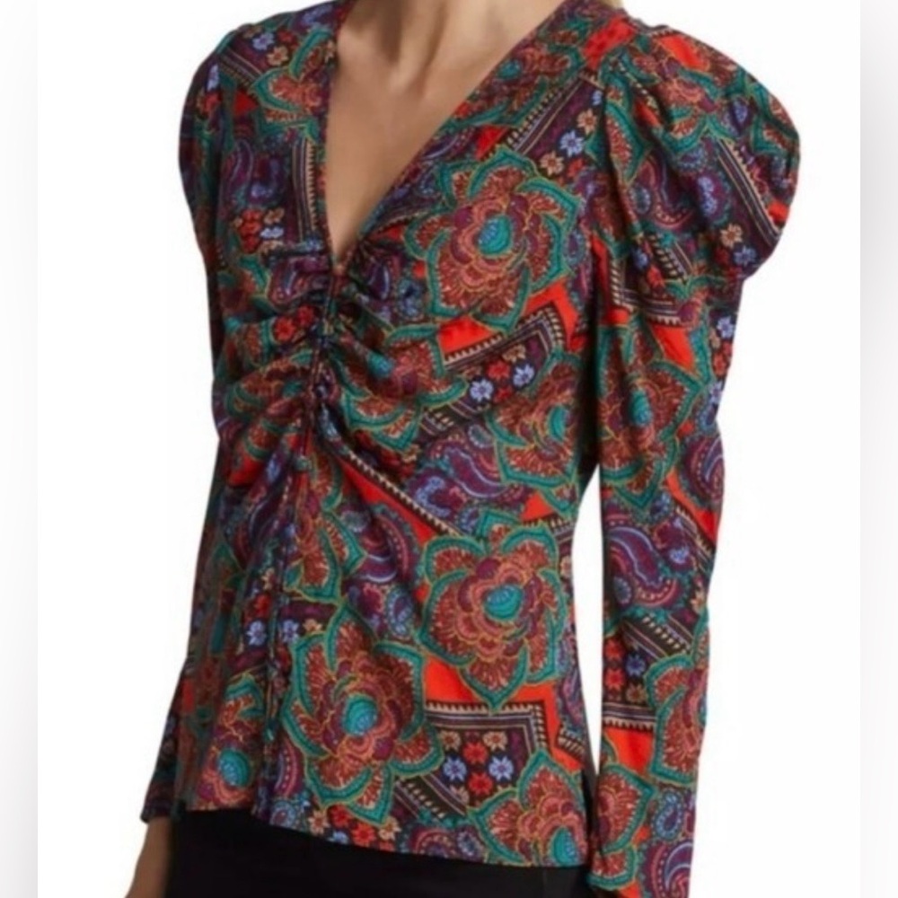 Veronica Beard Simmons Paisley Floral Silk Blend Top Puff Sleeves Y2K Size 4 - Picture 2 of 10